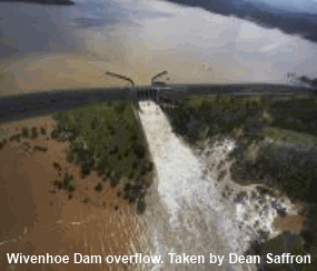 Wivenhoe Dam overflow. Taken by Dean Saffron.